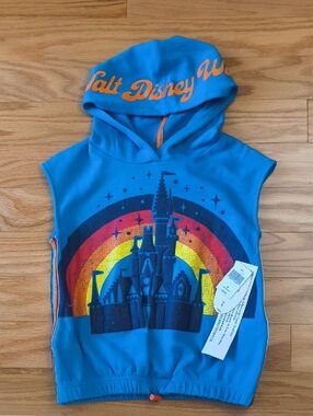 Disney Parks Blue Hooded Sleeveless Top Rainbow Castle Graphic Size M/10 NWT